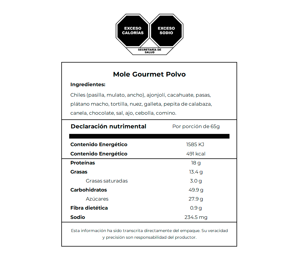Ingredientes y declaración nutrimental